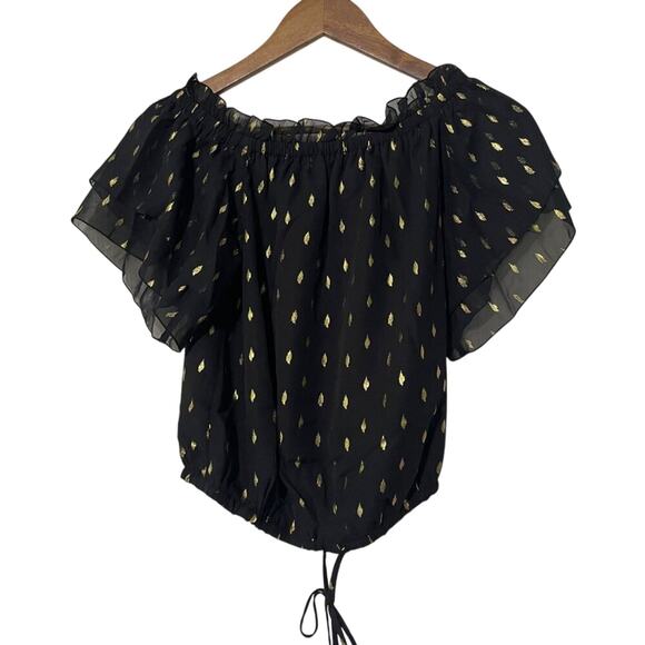 INC XS NWT Black Foil-Print Tiered Top | Off-Shoulder Chic - Picture 2 of 13